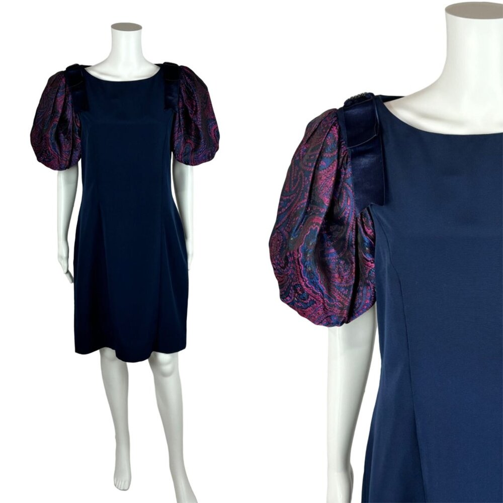 Vintage 80s Cocktail Dress Women's Large Paisley Print Puff Sleeves Bow Shoulder